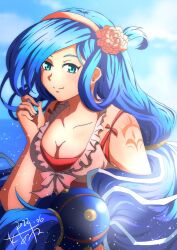 Rule 34 | 1girl, akane kazami, arm tattoo, blue eyes, blue hair, breasts, breasts squeezed together, dana (ys), dated, flower, hair flower, hair flower band, hair ornament, highres, large breasts, long hair, looking at viewer, low ponytail, ocean, portrait, signature, smile, solo, swept bangs, swimsuit, tattoo, ys, ys viii lacrimosa of dana