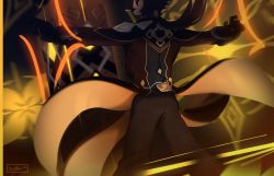 Rule 34 | 1boy, ass, brown hair, chinese clothes, coat, coattails, from behind, genshin impact, gloves, gradient hair, highres, long hair, multicolored hair, panther asterisk, pants, pillar, solo, tight clothes, tight pants, zhongli (genshin impact)