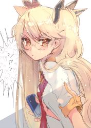 Rule 34 | 10s, 1girl, blonde hair, blush, cellphone, frown, glasses, hair ornament, long hair, momoshiki tsubaki, necktie, orange eyes, phone, retoree (show by rock!!), show by rock!!, sketch, smartphone, solo, twintails