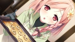 Rule 34 | 1girl, baking sheet, braid, cookie, flower, food, food on face, game cg, hair flower, hair ornament, kantoku, open mouth, oven mitts, pink eyes, pink hair, polka dot, short hair, side braid, solo, your diary, yua (your diary)
