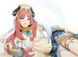 Rule 34 | 1girl, :q, arabian clothes, blue gemstone, blush, breasts, cowboy shot, criss-cross halter, detached sleeves, forehead jewel, gem, genshin impact, green eyes, halterneck, harem outfit, highres, holding, holding own hair, horns, jewelry, jitoujinkei hueyb, licking lips, long hair, long sleeves, low twintails, lying, medium breasts, mixed-language commentary, navel, neck ring, nilou (genshin impact), no panties, on side, parted bangs, pelvic curtain, puffy long sleeves, puffy sleeves, red hair, revealing clothes, skirt, solo, stomach, thighlet, thighs, tongue, tongue out, twintails, v, vambraces, veil, vision (genshin impact), white background, white headdress