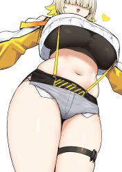 Rule 34 | 1girl, :d, black shirt, blonde hair, breasts, colored inner hair, covered eyes, crop top, crop top overhang, curvy, cutoffs, elegg (nikke), exposed pocket, from below, goddess of victory: nikke, grey shorts, hair over eyes, heart, highres, large breasts, long sleeves, micro shorts, midriff, multicolored hair, navel, open mouth, plump, shirt, short hair, short shorts, shorts, side slit, simple background, skindentation, sky-freedom, smile, solo, stomach, suspenders, thick thighs, thigh strap, thighs, underboob, undershirt, white background, white shirt
