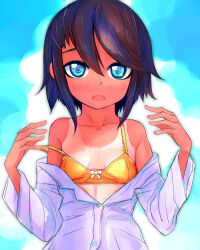 Rule 34 | 1girl, bare shoulders, blue eyes, blue pupils, bow, bow bra, bra, breasts, buttons, cleavage, collarbone, commission, dress shirt, hair between eyes, hands up, highres, long sleeves, looking at viewer, midriff, one-piece tan, open mouth, original, purple hair, purple shirt, shirt, short hair, small breasts, solo, straight-on, tan, tanline, tsukiyono aroe, underwear, undressing, white bow, yellow bra