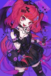 Rule 34 | 1girl, bare shoulders, black bag, black bow, black dress, black thighhighs, bow, center frills, chain, choker, collarbone, demon girl, demon horns, demon wings, dress, fake horns, frilled dress, frills, hair bow, hand up, highres, holding, holding microphone stand, horns, long hair, microphone stand, nail polish, original, pink hair, red hair, red nails, solo, spiked choker, spiked thighlet, spikes, stuffed toy, thighhighs, tira 27, twintails, wings, wrist cuffs