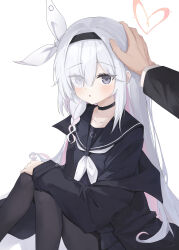 1boy 1girl absurdres black_choker black_coat black_eyes black_hairband black_pantyhose black_sailor_collar black_serafuku black_shirt black_skirt blue_archive bow choker coat collarbone colored_inner_hair commentary grey_hair hair_bow hair_over_one_eye hairband halo headpat heart heart_halo highres kucu long_hair long_sleeves looking_at_viewer mismatched_pupils multicolored_hair neckerchief pantyhose parted_lips pink_hair plana_(blue_archive) red_halo sailor_collar school_uniform sensei_(blue_archive) serafuku shirt simple_background skirt very_long_hair white_background white_bow white_neckerchief