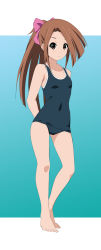 Rule 34 | 1girl, arms behind back, barefoot, brown eyes, brown hair, feet, flat chest, fujibayashi suzu, fukuoka katsumi, long hair, one-piece swimsuit, ponytail, ribbon, school swimsuit, solo, swimsuit, tales of (series), tales of phantasia