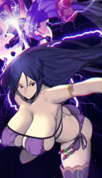 Rule 34 | 1girl, armpits, ass, bare arms, bare shoulders, bikini, black eyes, black hair, breasts, fate/grand order, fate (series), hairband, highres, holding, holding weapon, incoming attack, large breasts, long hair, looking at viewer, minamoto no raikou (fate), minamoto no raikou (fate/grand order), minamoto no raikou (swimsuit lancer) (fate), ponytail, purple bikini, solo, swimsuit, thunder, untue, very long hair, weapon