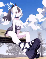 1girl absurdres alternate_costume arms_between_legs bare_shoulders black_choker black_footwear black_hair black_horns black_shirt blue_archive blue_sky breasts chinese_commentary choker cloud cloudy_sky commentary_request day ear_piercing facing_viewer grey_halo halo highres horns kayoko_(blue_archive) leg_focus long_hair looking_ahead medium_breasts mole mole_on_neck multicolored_hair on_bench outdoors piercing ponytail shirt sitting sky sleeveless sleeveless_shirt solo tree two-tone_hair white_hair youik16