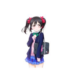 Rule 34 | 10s, 1girl, bag, black hair, blazer, blush, bow, bowtie, cable, cardigan, clenched hands, cowboy shot, green bow, green bowtie, hair bow, hand on own chest, headphones, holding, jacket, long sleeves, looking at viewer, love live!, love live! school idol festival, love live! school idol project, non-web source, official art, otonokizaka school uniform, plaid, plaid skirt, pleated skirt, red eyes, school bag, school uniform, skirt, solo, standing, striped bow, striped bowtie, striped clothes, striped neckwear, transparent background, twintails, white background, yazawa nico