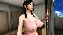 Rule 34 | 1girl, 3d, black hair, breasts, huge breasts, huge nipples, large breasts, midriff, tank top