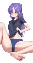 Rule 34 | 1girl, absurdres, barefoot, black shirt, blue archive, blue buruma, blush, breasts, buruma, closed mouth, clothes lift, damcheong, feet, highres, knee up, lifting own clothes, long hair, looking at viewer, medium breasts, official alternate costume, parted bangs, ponytail, purple eyes, purple hair, shirt, shirt lift, short sleeves, simple background, sitting, soles, solo, spread legs, star sticker, sticker on face, sweat, sweaty clothes, toes, white background, yuuka (blue archive), yuuka (track) (blue archive)