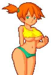 Rule 34 | 1girl, bare shoulders, breasts, creatures (company), denim, denim shorts, feet out of frame, female focus, game freak, green eyes, hair tie, humbird0, large breasts, looking at viewer, micro shorts, misty (pokemon), nintendo, orange hair, pixel art, pokemon, pokemon (anime), pokemon (classic anime), shorts, side ponytail, solo, tank top, underboob, undressing