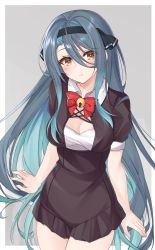 Rule 34 | 1girl, absurdres, bell, black dress, black hairband, blue hair, blush, bow, brown eyes, cleavage cutout, clothing cutout, collared shirt, dress, eyebrows hidden by hair, gangzi (vtuber), hairband, head tilt, highres, indie virtual youtuber, korean commentary, long hair, looking at viewer, open hands, red bow, shirt, smile, solo, sseunariin, very long hair, virtual youtuber, white shirt