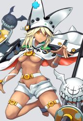 Rule 34 | 1girl, bad feet, belt, belt bra, blonde hair, breasts, cape, closed mouth, commentary request, dark-skinned female, dark skin, groin, guilty gear, guilty gear xrd, hat, long hair, looking at viewer, medium breasts, muscular, muscular female, navel, orange eyes, ramlethal valentine, short shorts, shorts, simple background, sunao (70 the), thigh strap, underboob