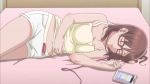 Rule 34 | 1girl, animated, anime screenshot, bed, brown hair, glasses, joshikousei no mudazukai, kikuchi akane, screencap, short hair, shorts, sleeping, source request, tagme, video