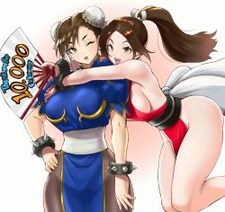 Rule 34 | 2girls, anagumasan, bare shoulders, blue dress, bracelet, breasts, brown eyes, brown hair, brown legwear, bun cover, capcom, china dress, chinese clothes, chun-li, crossover, double bun, dress, earrings, english text, fatal fury, female focus, hair bun, hand on own hip, high ponytail, highres, hug, jewelry, large breasts, long hair, multiple girls, ninja, no bra, one eye closed, open mouth, pantyhose, pelvic curtain, ponytail, puffy short sleeves, puffy sleeves, revealing clothes, sash, shiranui mai, short sleeves, sideboob, snk, spiked bracelet, spikes, street fighter, thank you, the king of fighters, thighs, white background