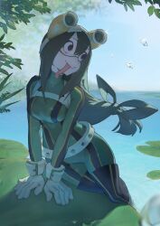 Rule 34 | 1girl, asui tsuyu, black eyes, bodysuit, boku no hero academia, bow-shaped hair, chest harness, frog girl, gloves, goggles, goggles on head, grass, green bodysuit, green hair, hair between eyes, harness, lake, long hair, long sleeves, long tongue, looking away, lotus leaf, low-tied long hair, mi8pq, thighhighs, tongue, tongue out, very long hair, water, white gloves