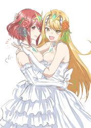 Rule 34 | 2girls, alternate costume, bare shoulders, blonde hair, blush, breast press, breasts, bridal gauntlets, cleavage, dress, dual persona, elbow gloves, female focus, flower, gem, gloves, hair flower, hair ornament, headpiece, highres, hug, jewelry, large breasts, long hair, looking at viewer, matching hair/eyes, mitsugu, multiple girls, mythra (xenoblade), open mouth, parted lips, pyra (xenoblade), red eyes, red hair, rose, short hair, simple background, smile, tiara, very long hair, wedding, wedding dress, white background, white dress, white gloves, xenoblade chronicles (series), xenoblade chronicles 2, yellow eyes, yuri