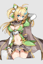 Rule 34 | 1girl, :d, ahoge, beige background, blonde hair, blue eyes, bow, breasts, cape, cowboy shot, elf, epic seven, green bow, grey background, hair bow, hair ornament, highres, large breasts, looking away, mole, mole under eye, navel, open mouth, panties, pleated skirt, pointy ears, serin199, silkyia yula safayena, simple background, skirt, smile, solo, standing, underwear, white panties