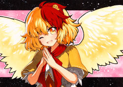 Rule 34 | 1girl, bad id, bad pixiv id, bird, black border, blonde hair, border, cape, chicken, dress, eyes visible through hair, hair between eyes, hands up, looking at viewer, multicolored eyes, niwatari kutaka, one eye closed, open mouth, own hands together, pink background, qqqrinkappp, red eyes, red hair, red neckwear, red scarf, scarf, short hair, short sleeves, smile, solo, touhou, traditional media, white dress, white sleeves, wings, yellow cape, yellow eyes