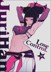 Rule 34 | 1girl, armpits, black hair, fingerless gloves, fishine, gloves, han juri, muscular, pink eyes, solo, street fighter, toned, tongue, tongue out, wide hips