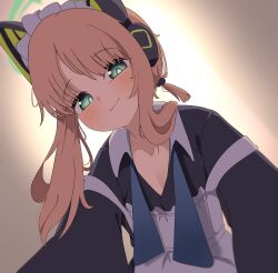 Rule 34 | 1girl, absurdres, animal ear headphones, animal ears, apron, backlighting, black dress, blue archive, blush, bow, bowtie, cat ear headphones, collared dress, dress, fake animal ears, from below, green eyes, green halo, halo, headphones, highres, long sleeves, low twintails, maid headdress, midori (blue archive), midori (maid) (blue archive), parted bangs, qorwja, short twintails, smile, solo, twintails, undone bowtie, white apron