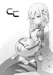 Rule 34 | 10s, 1girl, bare shoulders, black thighhighs, breasts, center opening, cleavage, detached sleeves, elbow gloves, fingerless gloves, fyu-neru, gloves, greyscale, guilty crown, hair ornament, hairclip, jie mo (rehao), long hair, monochrome, navel, open mouth, rehao, smile, solo, thighhighs, twintails, yuzuriha inori