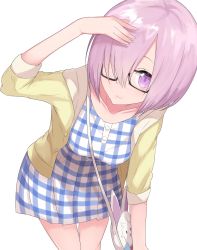 Rule 34 | absurdres, arm at side, asymmetrical bangs, breasts, checkered clothes, checkered dress, dress, fate/grand order, fate (series), glasses, hair over one eye, highres, ichijou (kr neru0), leaning forward, looking at viewer, mash kyrielight, mash kyrielight (senpai killer outfit), medium breasts, official alternate costume, parted bangs, purple eyes, purple hair, short dress, short hair, smile