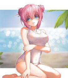 Rule 34 | 1girl, absurdres, ass, bare arms, bare legs, bare shoulders, barefoot, blue eyes, bocchi the rock!, breasts, cleavage, collarbone, covered navel, double bun, gotoh hitori, hair between eyes, hair bun, highres, large breasts, long hair, one-piece swimsuit, pink hair, school swimsuit, solo, swimsuit, white one-piece swimsuit, yoru kiri