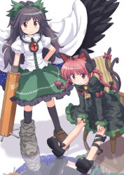 Rule 34 | 2girls, animal ears, arm cannon, armchair, asymmetrical footwear, bell, black hair, black socks, black wings, bow, braid, cape, cat ears, cat girl, cat tail, chair, dress, extra ears, fang, female focus, hair bow, hand on own hip, hands on own knees, hip focus, jingle bell, kaenbyou rin, kneehighs, kurotama (avino), large wings, leg ribbon, loafers, long hair, looking at viewer, mismatched footwear, multiple girls, multiple tails, ponytail, red eyes, red hair, reflection, reiuji utsuho, ribbon, shoes, simple background, sitting, skirt, smile, socks, standing, tail, tail ornament, tail ribbon, tareme, third eye, touhou, twin braids, twintails, weapon, wings