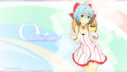 Rule 34 | 1girl, :d, ahoge, artist name, blue eyes, blue hair, blush, bow, camisole, cowboy shot, dlsite.com, dress, elle sweet, grin, hair between eyes, hair bow, halftone, halftone background, hands up, highres, looking at viewer, multicolored hair, open mouth, parted lips, red bow, short hair, smile, solo, streaked hair, striped clothes, striped dress, tareme, v, vertical-striped clothes, vertical-striped dress, wallpaper, watermark, web address, white dress, zpolice