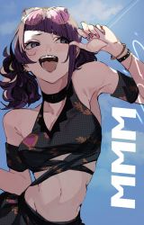Rule 34 | 1girl, arm up, armpits, breasts, fingernails, highres, idolmaster, idolmaster shiny colors, kurokawa (kurokashi655), long fingernails, medium breasts, nail, nail polish, navel, open mouth, piercing, pink nails, purple eyes, purple hair, smile, solo, sunglasses, swimsuit, tanaka mamimi, twintails, upper body, very long fingernails