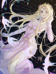Rule 34 | 1girl, artist request, bare shoulders, bird, black background, blonde hair, blue eyes, detached collar, detached sleeves, douluo dalu, dress, from below, gloves, hand in own hair, highres, long hair, looking at viewer, parted lips, qian renxue (douluo dalu), second-party source, solo, teeth, thighhighs, upper body, white dress, white gloves