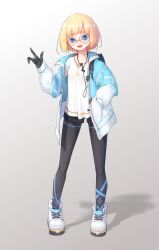Rule 34 | 1girl, animal print, backpack, bag, black shorts, black thighhighs, blonde hair, blue eyes, blue jacket, boots, breasts, colored eyelashes, earphones removed, fewer digits, grey background, hand in pocket, highres, jacket, kearful, looking at viewer, off shoulder, open clothes, open jacket, open mouth, original, prosthesis, prosthetic arm, rabbit print, round eyewear, shadow, shirt, short hair, short shorts, shorts, small breasts, smile, t-shirt, thighhighs, two-tone thighhighs, waving, white footwear, white shirt