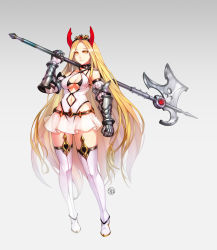 Rule 34 | 1girl, blonde hair, breasts, brown eyes, closed mouth, clothing cutout, criss-cross halter, dress, gauntlets, halberd, halterneck, holding, holding weapon, horns, long hair, looking at viewer, medium breasts, navel, navel cutout, original, parted bangs, polearm, solo, standing, thighhighs, very long hair, weapon, white dress, white thighhighs, wookyung