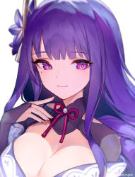 Rule 34 | 1girl, ainy, blunt bangs, breasts, bridal gauntlets, chinese commentary, cleavage, commentary request, cropped torso, detached collar, flower, genshin impact, hair flower, hair ornament, highres, japanese clothes, large breasts, light blush, long hair, looking at viewer, mole, mole under eye, purple eyes, purple hair, raiden shogun, simple background, smile, solo, twitter username, white background