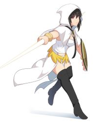 Rule 34 | 1girl, black footwear, black hair, black necktie, boots, breasts, bright pupils, capelet, closed mouth, corset, fate/grand order, fate (series), full body, high heel boots, high heels, holding, holding shield, holding weapon, hood, hood up, hooded capelet, lance, looking at viewer, medium breasts, necktie, ortlinde (fate), pelvic curtain, polearm, red eyes, shield, shiseki hirame, simple background, solo, standing, thigh boots, thighhighs, valkyrie (fate), weapon, white background, white pupils