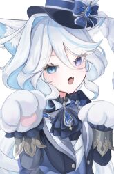 Rule 34 | 1girl, ahoge, animal ear fluff, animal ears, animal hands, ascot, blue ascot, blue bow, blue brooch, blue eyes, blue gemstone, blue hair, blue hat, blue jacket, bow, cat ears, cat paws, commentary, curly hair, drop-shaped pupils, fang, furina (genshin impact), furrowed brow, gem, genshin impact, gloves, hair between eyes, hands up, hat, hat bow, heterochromia, highres, jacket, kemonomimi mode, kodona, lapels, light blue hair, lolita fashion, long bangs, long hair, long sleeves, looking at viewer, mismatched pupils, multicolored hair, open clothes, open jacket, open mouth, paru 0 palu, paw gloves, paw pose, shirt, simple background, solo, streaked hair, swept bangs, symbol-shaped pupils, top hat, two-tone hair, upper body, very long hair, water drop print, wavy hair, white background, white hair, white shirt