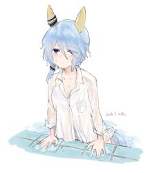 Rule 34 | 1girl, alternate costume, animal ears, blue eyes, blue hair, blush, collarbone, commentary request, dated, expressionless, hair ornament, highres, horse ears, horse tail, k.s.miracle (umamusume), looking at viewer, pool, saramiao-chan, shirt, short hair, simple background, solo, swimsuit, swimsuit under clothes, tail, umamusume, wet, white background