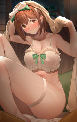 Rule 34 | 1girl, absurdres, atelier (series), azur lane, bare shoulders, barefoot, blanket, blush, bottomless, braid, braided bangs, breasts, bright pupils, brown hair, cleavage, collarbone, crop top, hair between eyes, highres, large breasts, light smile, looking at viewer, qwertame, reisalin stout, reisalin stout (late night alchemist), ribs, sidelocks, sitting, tareme, thick thighs, thigh strap, thighs