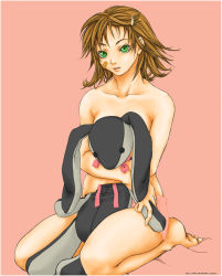 Rule 34 | 1990s (style), 1girl, bandages, bandaid, barefoot, breasts, brown hair, rabbit, final fantasy, final fantasy viii, flipped hair, green eyes, jewelry, long hair, necklace, panties, selphie tilmitt, solo, stuffed animal, stuffed toy, tachibana chata, topless, underwear