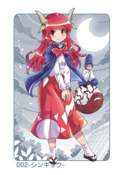 Rule 34 | 1boy, 1girl, architecture, bow, cloud, colonel aki, commentary request, crescent moon, east asian architecture, hakama, hat, hidden eyes, horns, japanese clothes, long hair, long sleeves, moon, open mouth, own hands together, red eyes, red hair, shawl, shingyoku (female), shingyoku (male), shingyoku (touhou), shirt, sitting, skirt, smile, standing, tabi, touhou, tree, white shirt, wide sleeves