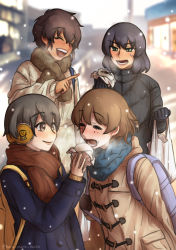 Rule 34 | 4girls, absurdres, backpack, bag, baozi, black collar, black gloves, blue coat, blue scarf, blurry, blurry background, blush, brown coat, brown eyes, brown hair, brown scarf, casual, closed eyes, closed mouth, coat, collar, commentary, dark-skinned female, dark skin, day, depth of field, earmuffs, eating, emblem, feeding, food, food on face, freckles, frown, girls und panzer, gloves, green eyes, grocery bag, highres, holding, holding bag, holding food, hora maru mate, hoshino (girls und panzer), laughing, leaning forward, leopon (animal), long sleeves, looking at another, multiple girls, nakajima (girls und panzer), open mouth, outdoors, pointing, scarf, sharing food, shopping bag, short hair, smile, snow, standing, suzuki (girls und panzer), sweatdrop, toggles, tsuchiya (girls und panzer), white collar