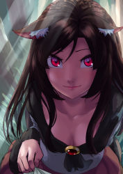 Rule 34 | 1girl, animal ear fluff, animal ears, arm behind back, breasts, brooch, brown hair, clothes pull, collarbone, day, downblouse, dress, fisheye, from above, hand up, highres, imaizumi kagerou, jewelry, lips, long hair, long sleeves, looking at viewer, outdoors, pov, pulling another&#039;s clothes, red eyes, shirt pull, smile, solo, tenamaru, touhou, wide sleeves, wolf ears, wolf girl