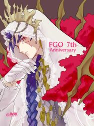 Rule 34 | 1boy, blue hair, braid, brown background, commentary, crown, cu chulainn (fate), cu chulainn alter (fate), earrings, english text, expressionless, facepaint, fate/grand order, fate (series), formal, fur trim, gloves, hand on own face, jewelry, kouren (k01 numa), long hair, long sleeves, male focus, necklace, official alternate costume, red eyes, signature, solo, suit, twitter username, upper body, veil, white gloves, white suit