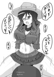 Rule 34 | 1girl, artist name, belle (girls und panzer), blush, bouncing breasts, breasts, cleavage, cowboy hat, girls und panzer, greyscale, hat, large breasts, long hair, mechanical bull, midriff, miniskirt, monochrome, navel, one eye closed, open mouth, scarf, skirt, solo, speed lines, sweat, tears, yohinori