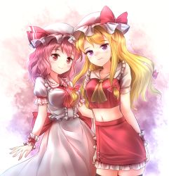 Rule 34 | 2girls, arm around waist, arm at side, ascot, between breasts, blonde hair, breasts, cosplay, crop top, embarrassed, flandre scarlet, flandre scarlet (cosplay), frilled sleeves, frills, gradient background, hat, hat ribbon, looking at viewer, medium breasts, midriff, miniskirt, minust, mob cap, multiple girls, navel, necktie, necktie between breasts, pink eyes, pink hair, pink shirt, pink skirt, puffy short sleeves, puffy sleeves, purple background, purple eyes, red skirt, red vest, remilia scarlet, remilia scarlet (cosplay), ribbon, saigyouji yuyuko, shirt, short sleeves, skirt, smile, thighhighs, touhou, undersized clothes, vest, wavy hair, white shirt, wrist cuffs, yakumo yukari, zettai ryouiki