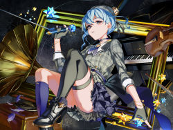 Rule 34 | 1girl, absurdres, asymmetrical legwear, beret, black footwear, black gloves, black socks, blue hair, blue nails, blue socks, dress, earrings, gloves, grey dress, grey hat, hat, high heels, highres, holding, holding microphone, hololive, hoshimachi suisei, hoshimachi suisei (1st costume), instrument, jewelry, kneehighs, long sleeves, looking at viewer, microphone, mismatched legwear, nail polish, parted lips, partially fingerless gloves, phonograph, piano, picture frame, plaid, plaid dress, plaid headwear, rasa k, single kneehigh, single sock, single thighhigh, sky, small stellated dodecahedron, socks, solo, star (sky), star (symbol), star earrings, starry sky, thigh strap, thighhighs, violin, virtual youtuber