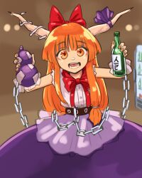 Rule 34 | 1girl, absurdres, beer bottle, belt, blunt bangs, bow, brown background, buttons, chain, commentary request, cowboy shot, flat chest, gourd, hair bow, highres, holding, horn ornament, horn ribbon, horns, ibuki suika, long hair, looking at viewer, medium bangs, nail polish, neophyte, open mouth, orange eyes, orange hair, orange nails, purple ribbon, purple skirt, red bow, refrigerator, ribbon, shirt, sidelocks, skirt, sleeveless, sleeveless shirt, solo, teeth, touhou, very long hair, white shirt, wrist cuffs