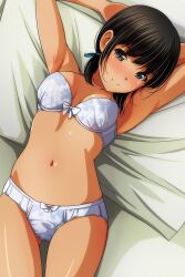Rule 34 | 1girl, arms behind head, arms up, bed, black hair, blue bra, blue panties, blue ribbon, blush, bow, bow bra, bow panties, bra, breasts, brown eyes, collarbone, floral print, hair ribbon, highres, looking at viewer, low twintails, lying, matsunaga kouyou, medium breasts, navel, panties, pillow, print bra, print panties, ribbon, short hair, smile, twintails, underwear, white bow